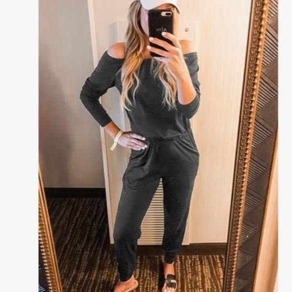 Women's Casual Long Sleeve Jumpsuit Crewneck Off Shoulder Elastic Waist Stretchy - Picture 4 of 7